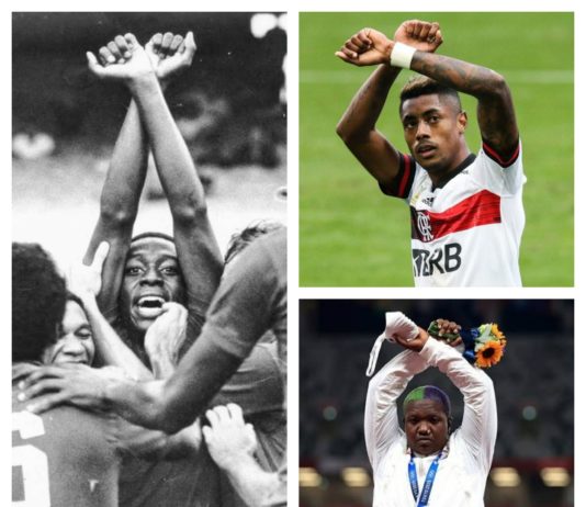Sergio Lima no América do Rio, assim celebrou seu primeiro gol no Maracanã em 1971. Com este gesto se posicionou contra o racismo. Coincidentemente, agora em 2021, 50 anos após, vemos Bruno Henrique e a atleta Olímpica americana Raven Saunders, repetirem o mesmo gesto.